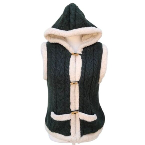 Carducci Cable Knit Green Vest Cream Faux Fur Trim Lined Hood Women’s Size Large - Picture 2 of 11